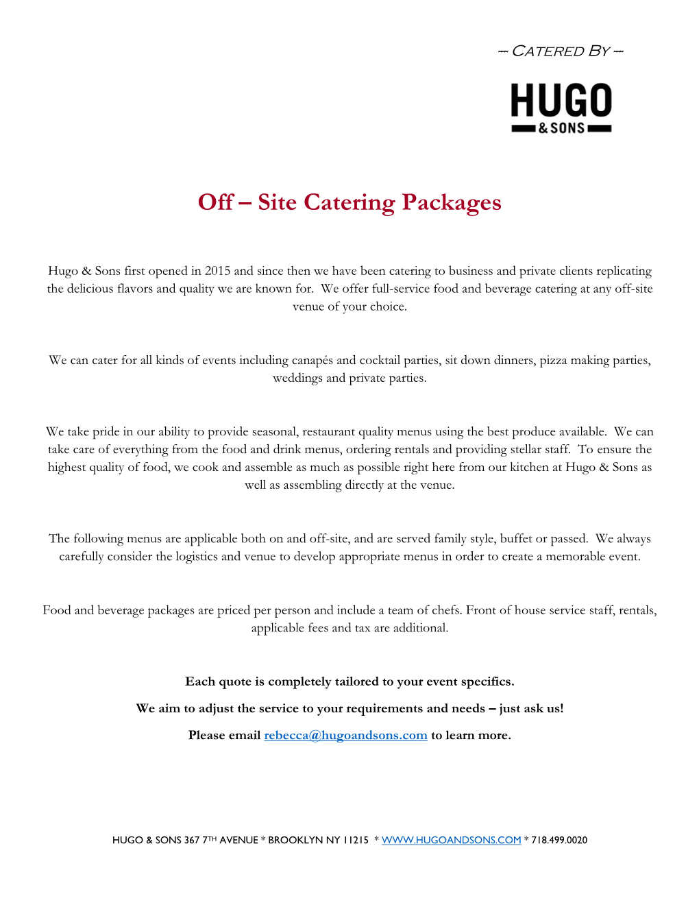 Off – Site Catering Packages