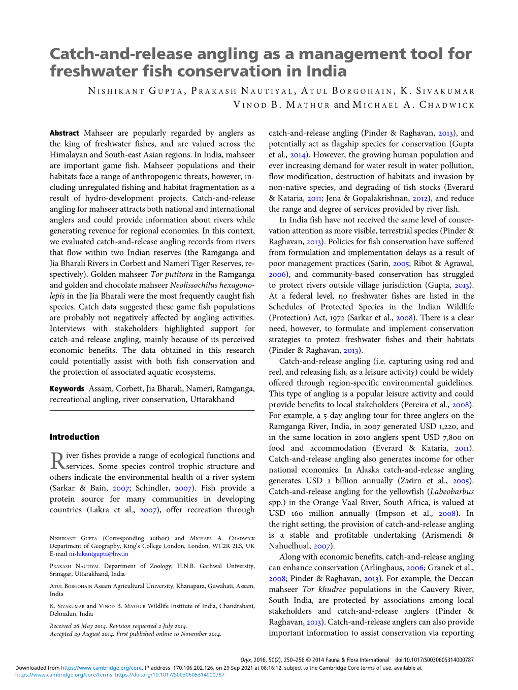 Catch-And-Release Angling As a Management Tool for Freshwater Fish Conservation in India