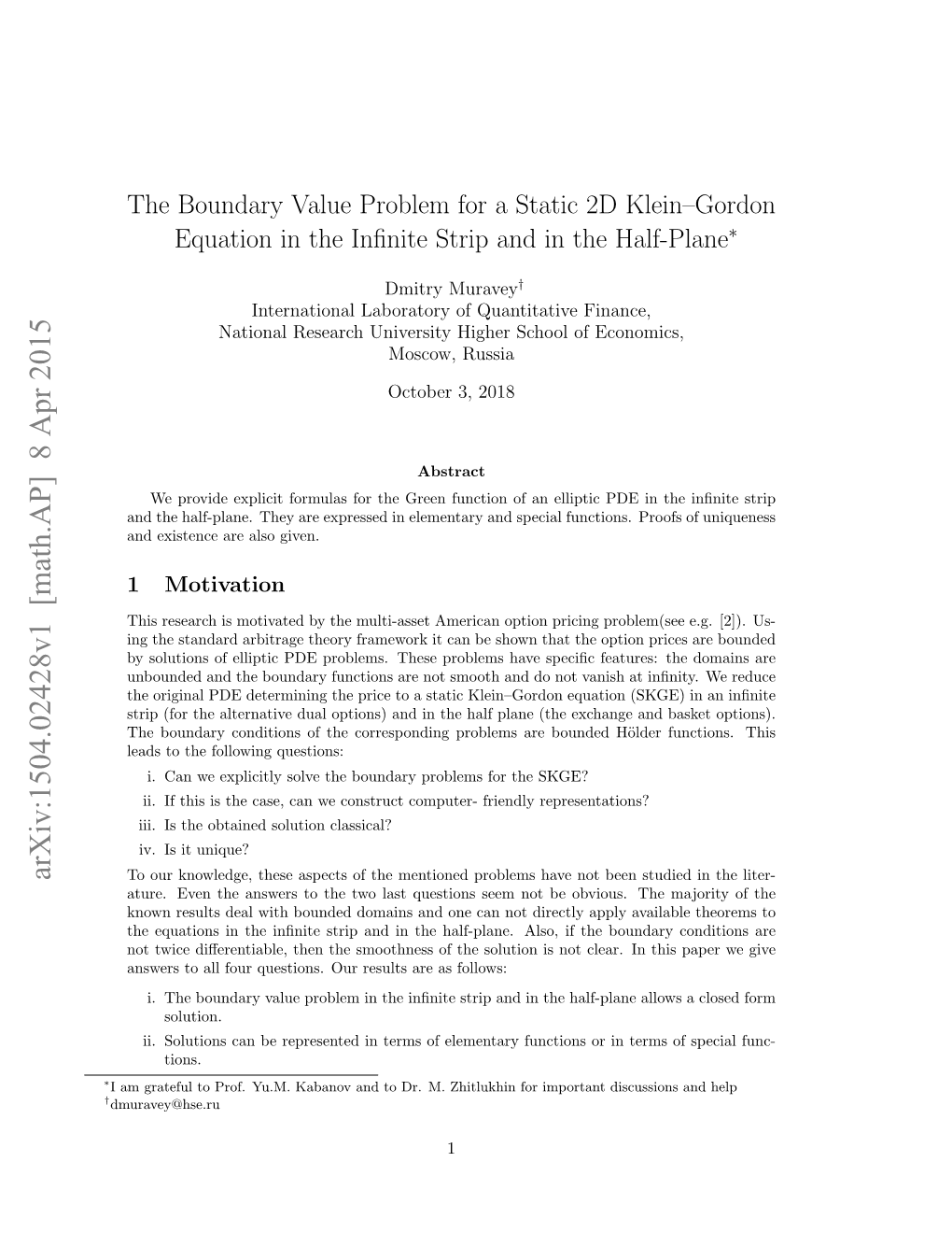 The Boundary Value Problem for a Static 2D Klein–Gordon Equation in the Inﬁnite Strip and in the Half-Plane∗