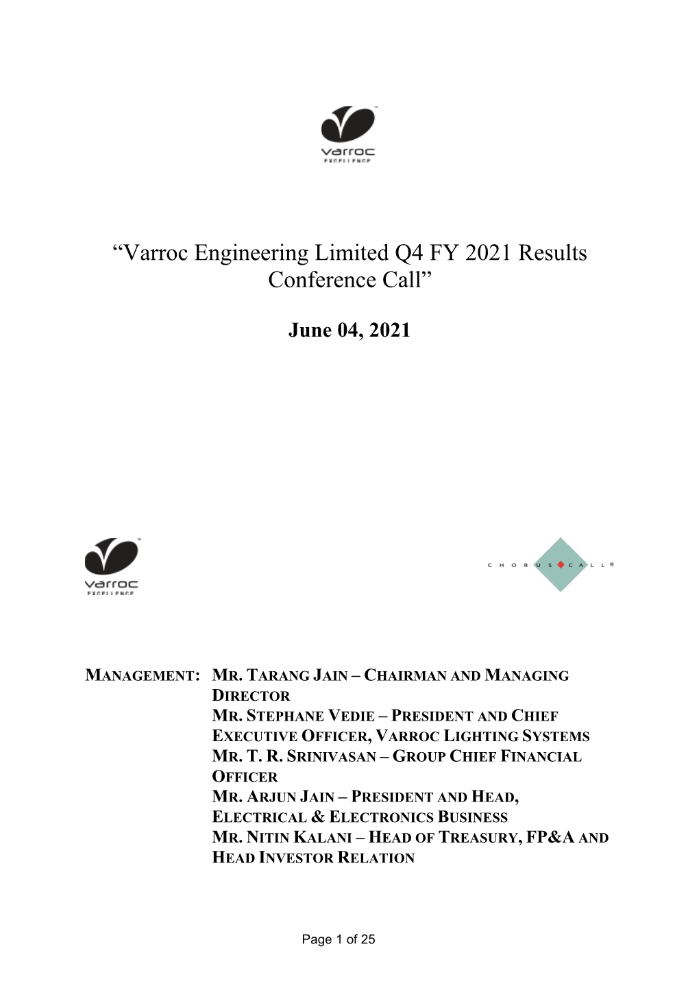 “Varroc Engineering Limited Q4 FY 2021 Results Conference Call”