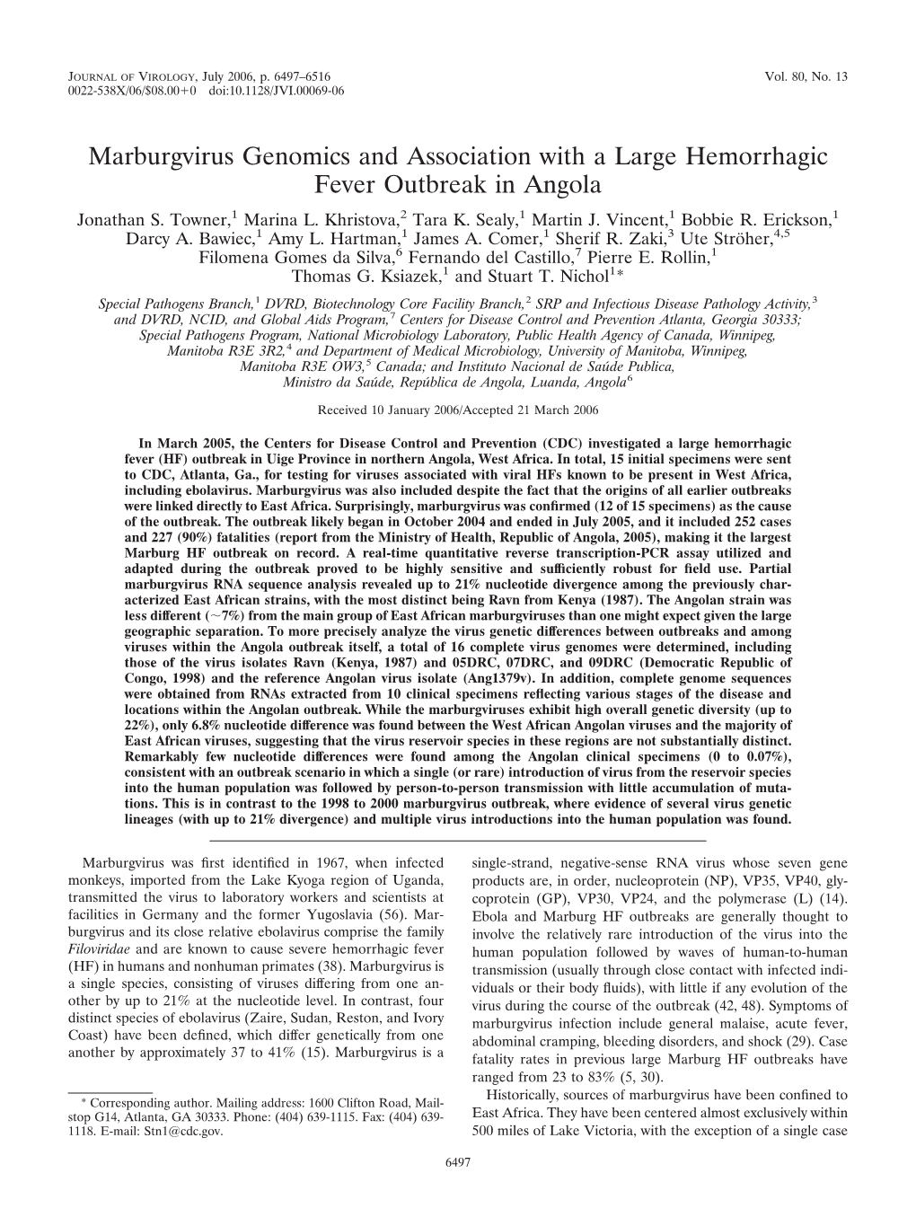 Marburgvirus Genomics and Association with a Large Hemorrhagic Fever Outbreak in Angola Jonathan S