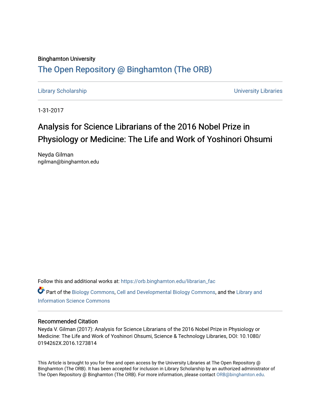 Analysis for Science Librarians of the 2016 Nobel Prize in Physiology Or Medicine: the Life and Work of Yoshinori Ohsumi