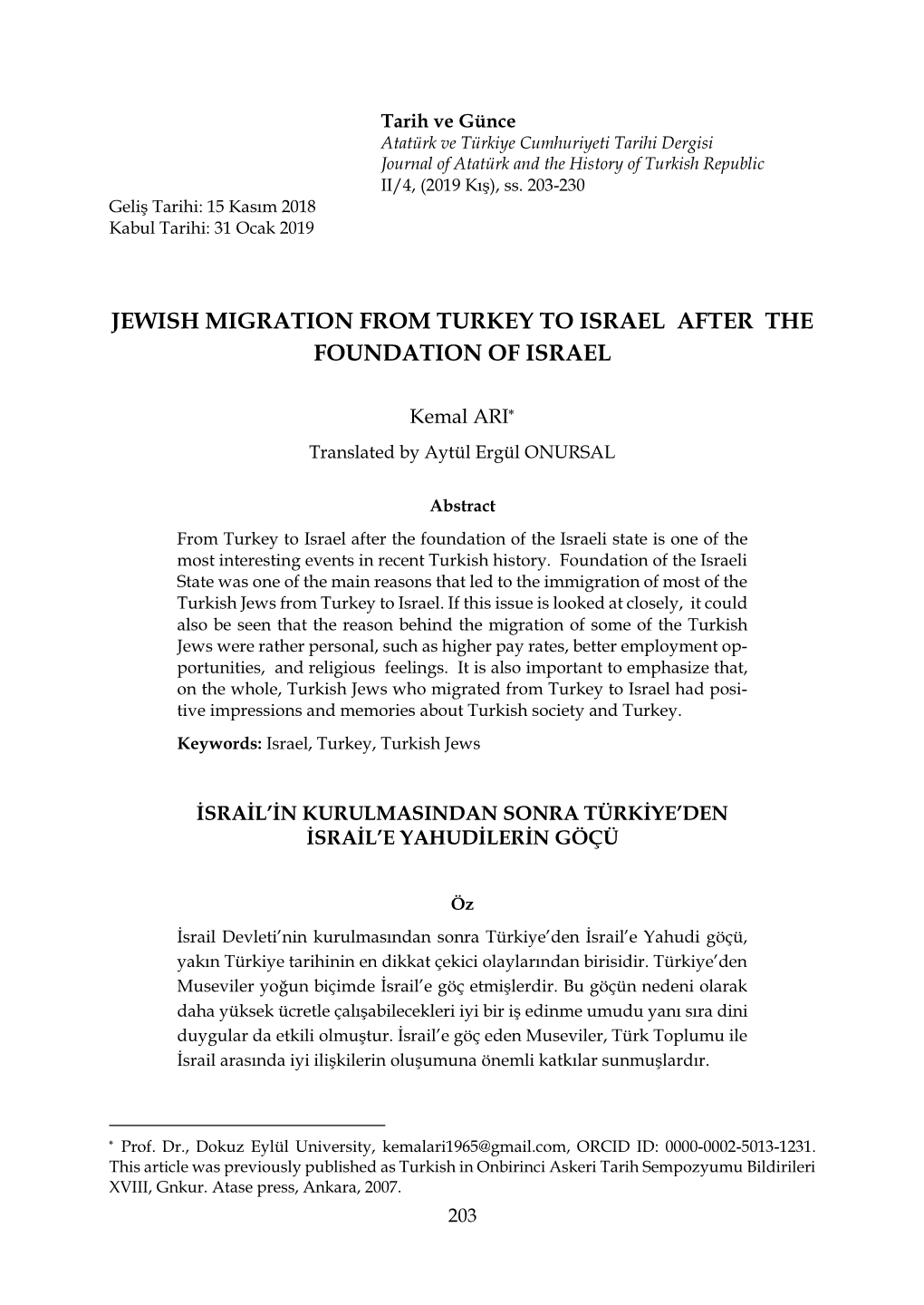 Jewish Migration from Turkey to Israel After the Foundation of Israel