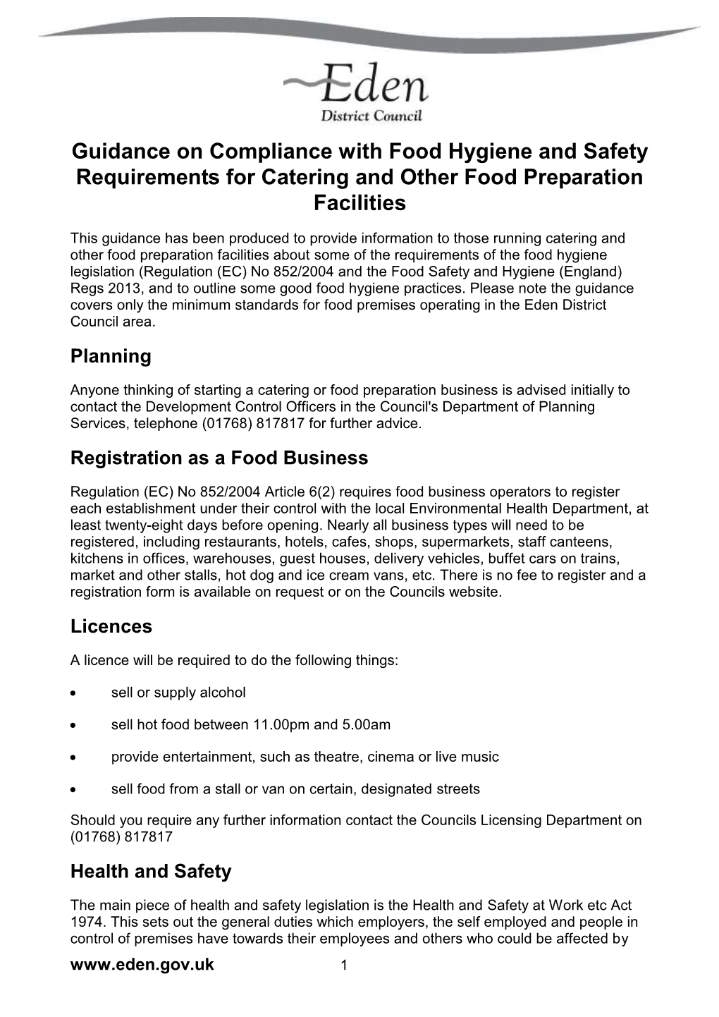 Catering and Other Food Preparation Facilities. Guidance on Compliance