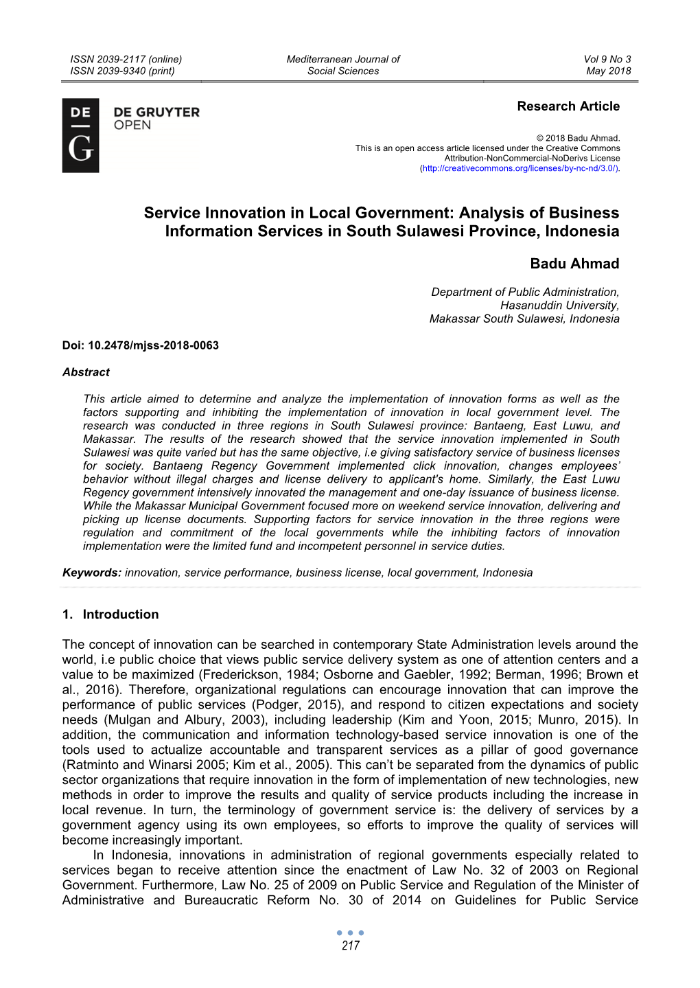 Service Innovation in Local Government: Analysis of Business Information Services in South Sulawesi Province, Indonesia