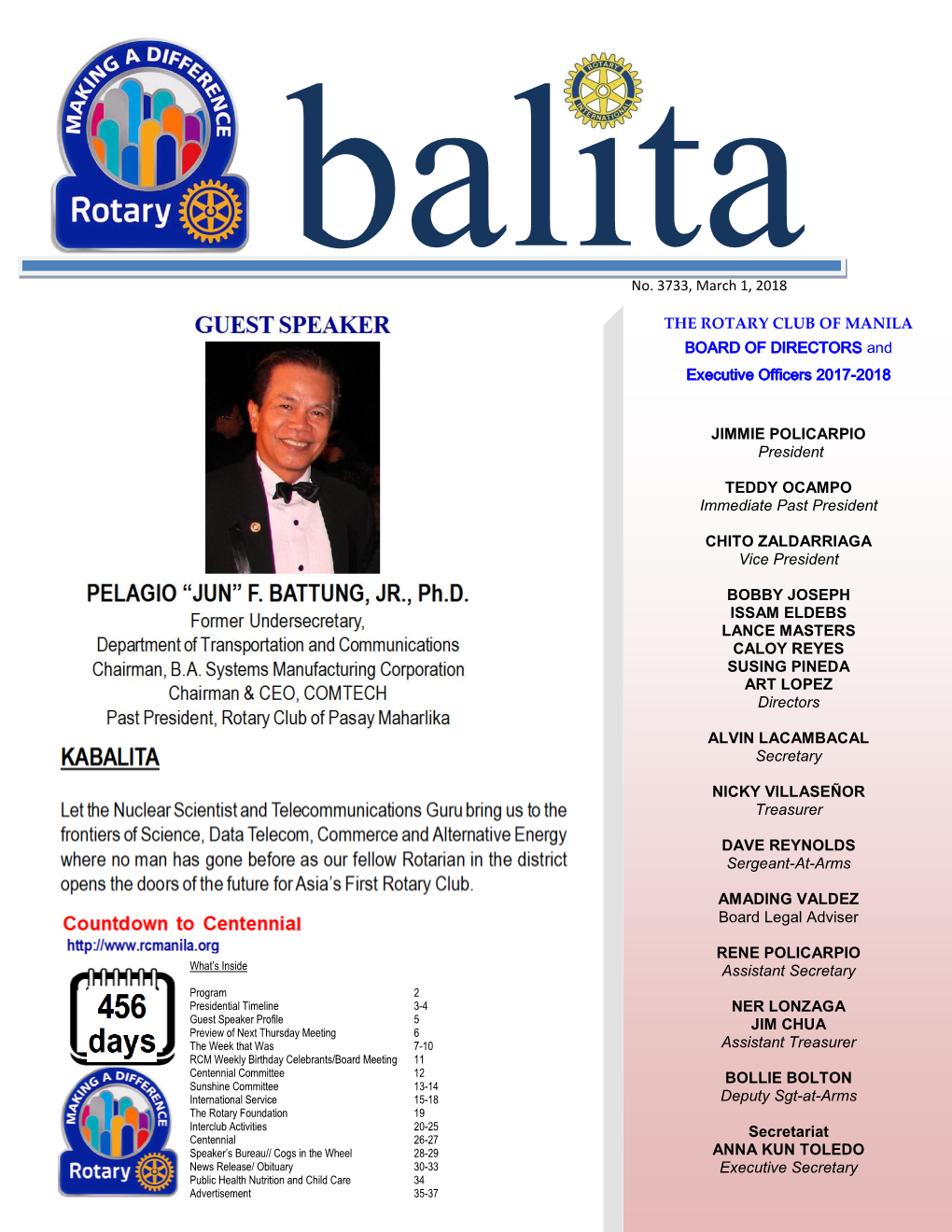 Official Newsletter of Rotary Club of Manila 0 No. 3733, March 1, 2018