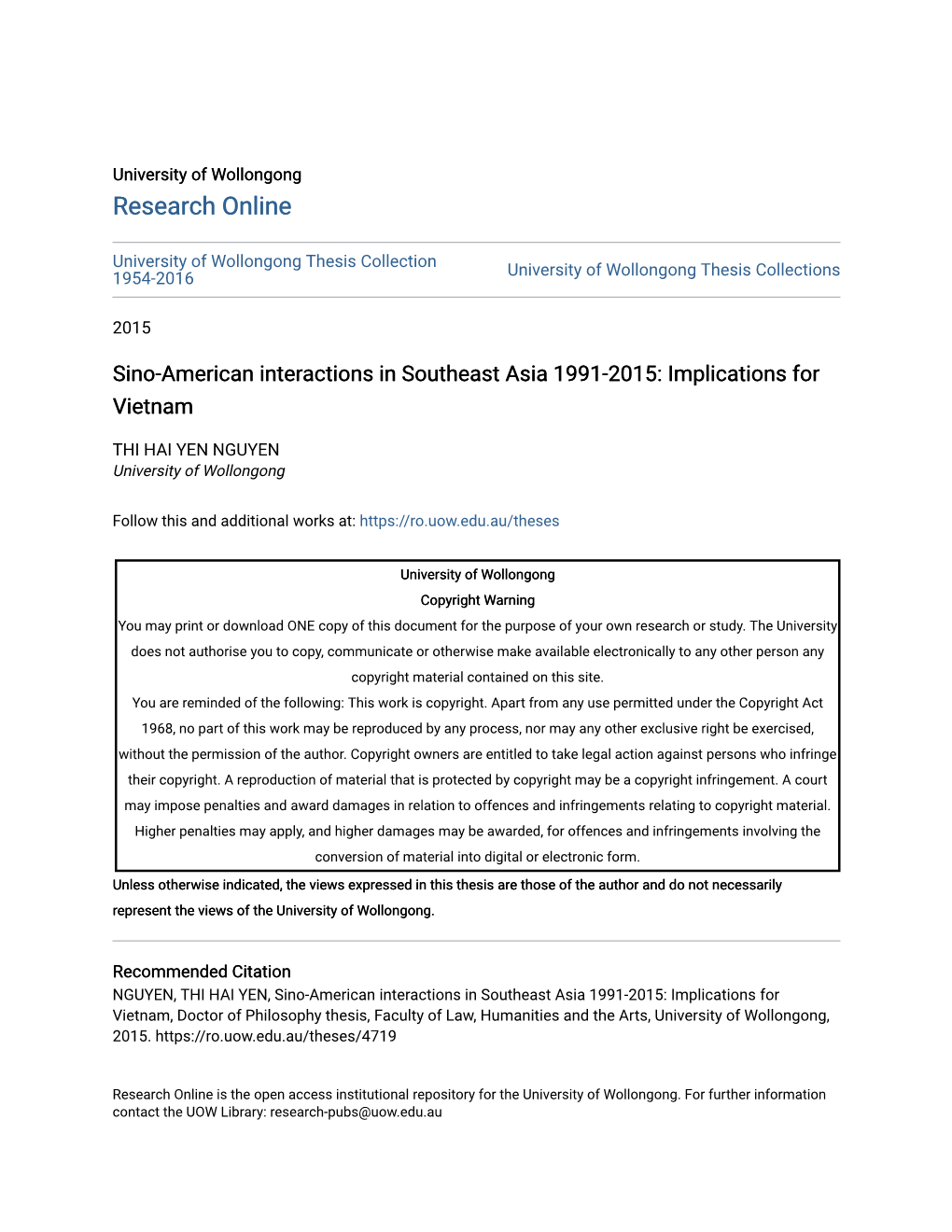 Sino-American Interactions in Southeast Asia 1991-2015: Implications for Vietnam