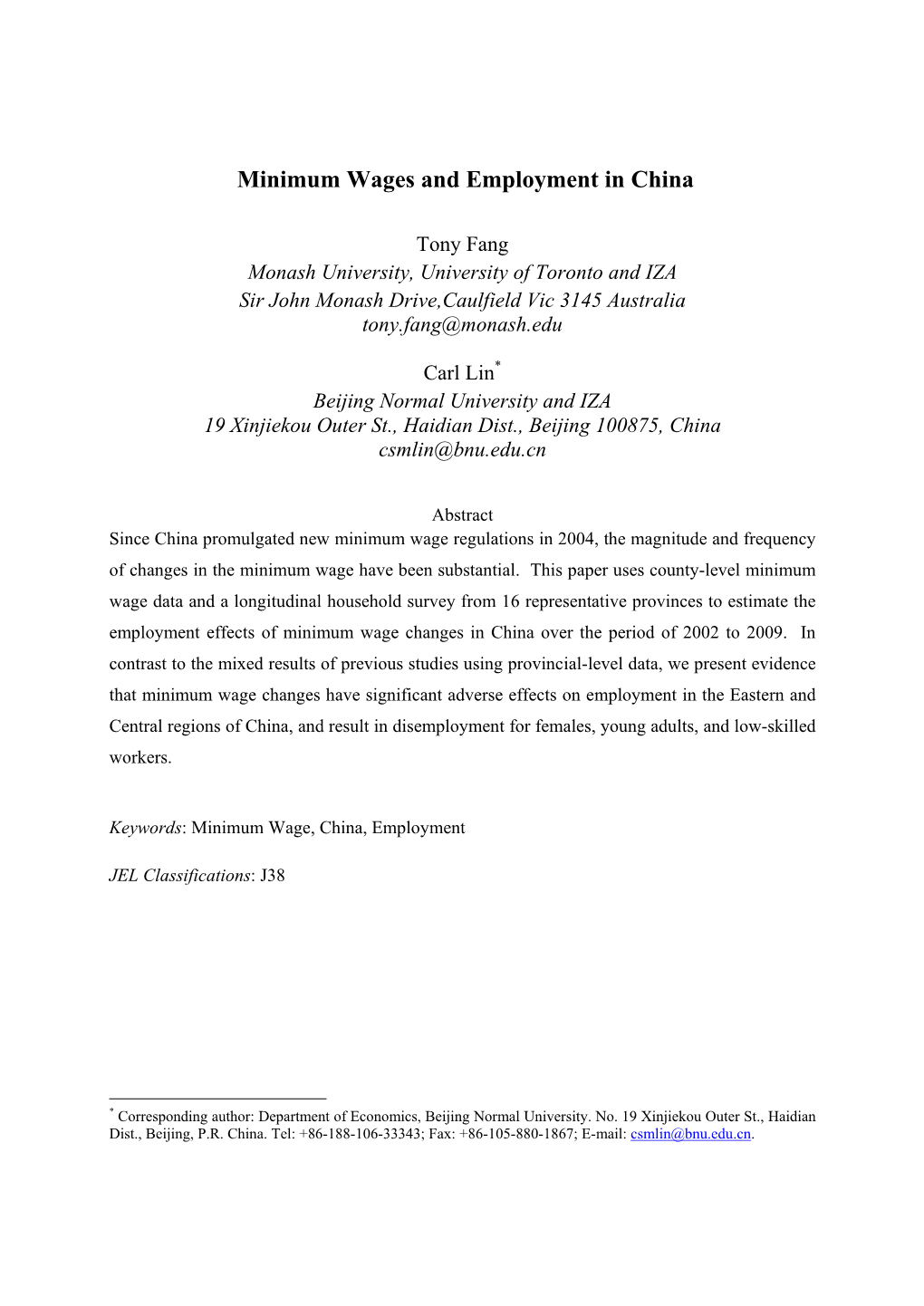 Minimum Wages and Employment in China