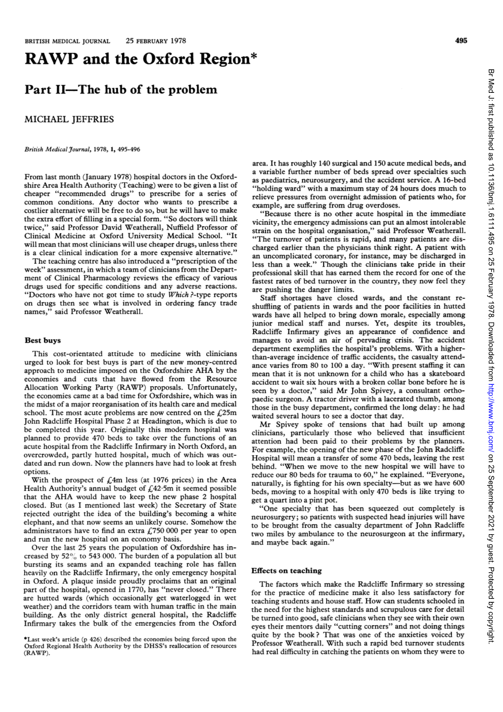 RAWP and the Oxford Region* Br Med J: First Published As 10.1136/Bmj.1.6111.495 on 25 February 1978