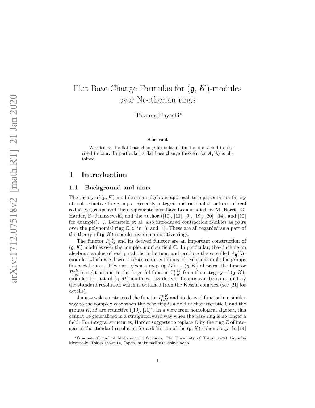 Flat Base Change Formulas for $(\Mathfrak {G}, K) $-Modules Over Noetherian Rings