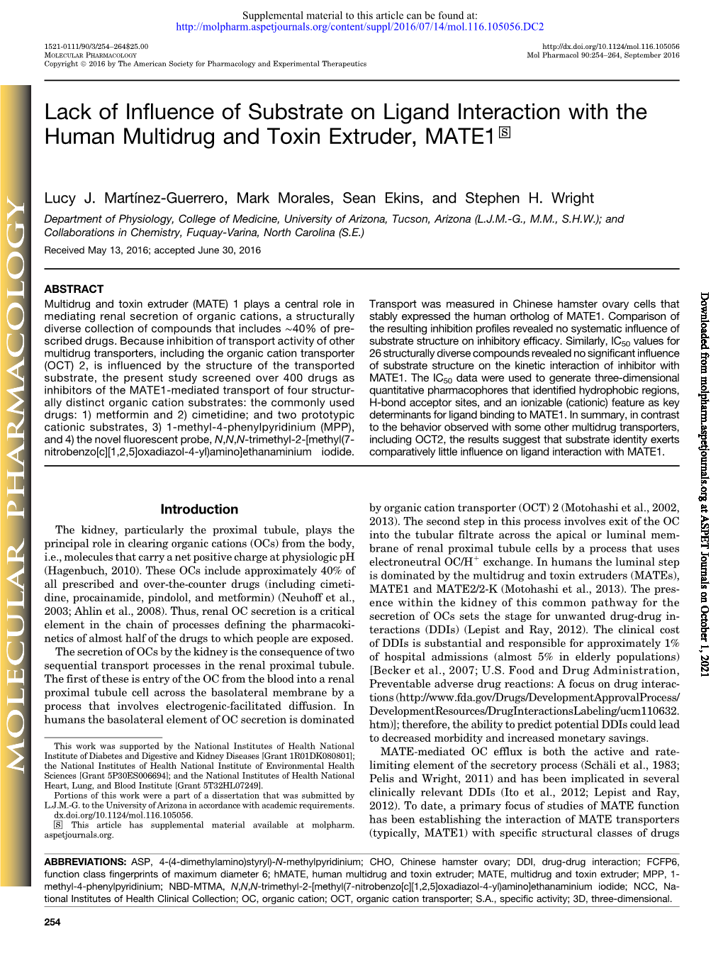 Lack of Influence of Substrate on Ligand Interaction with the Human Multidrug and Toxin Extruder, MATE1 S