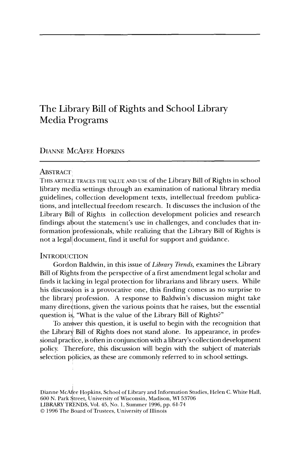 The Library Bill of Rights and School Library Media Programs
