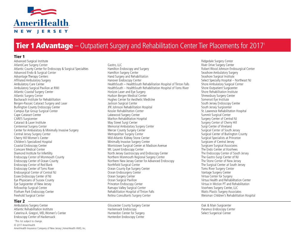 Tier 1 Advantage – Outpatient Surgery and Rehabilitation Center Tier Placements for 20171