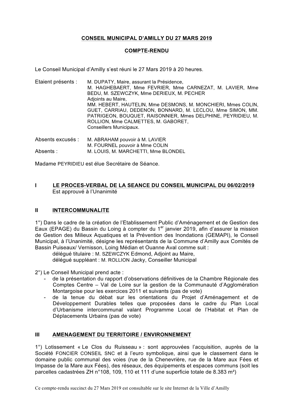 Conseil Municipal D'amilly Du 27 Mars 2019 Compte-Rendu