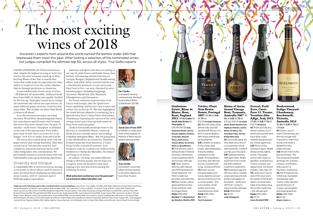 The Most Exciting Wines of 2018 Decanter’S Experts from Around the World Named the Bottles Under £60 That Impressed Them Most This Year