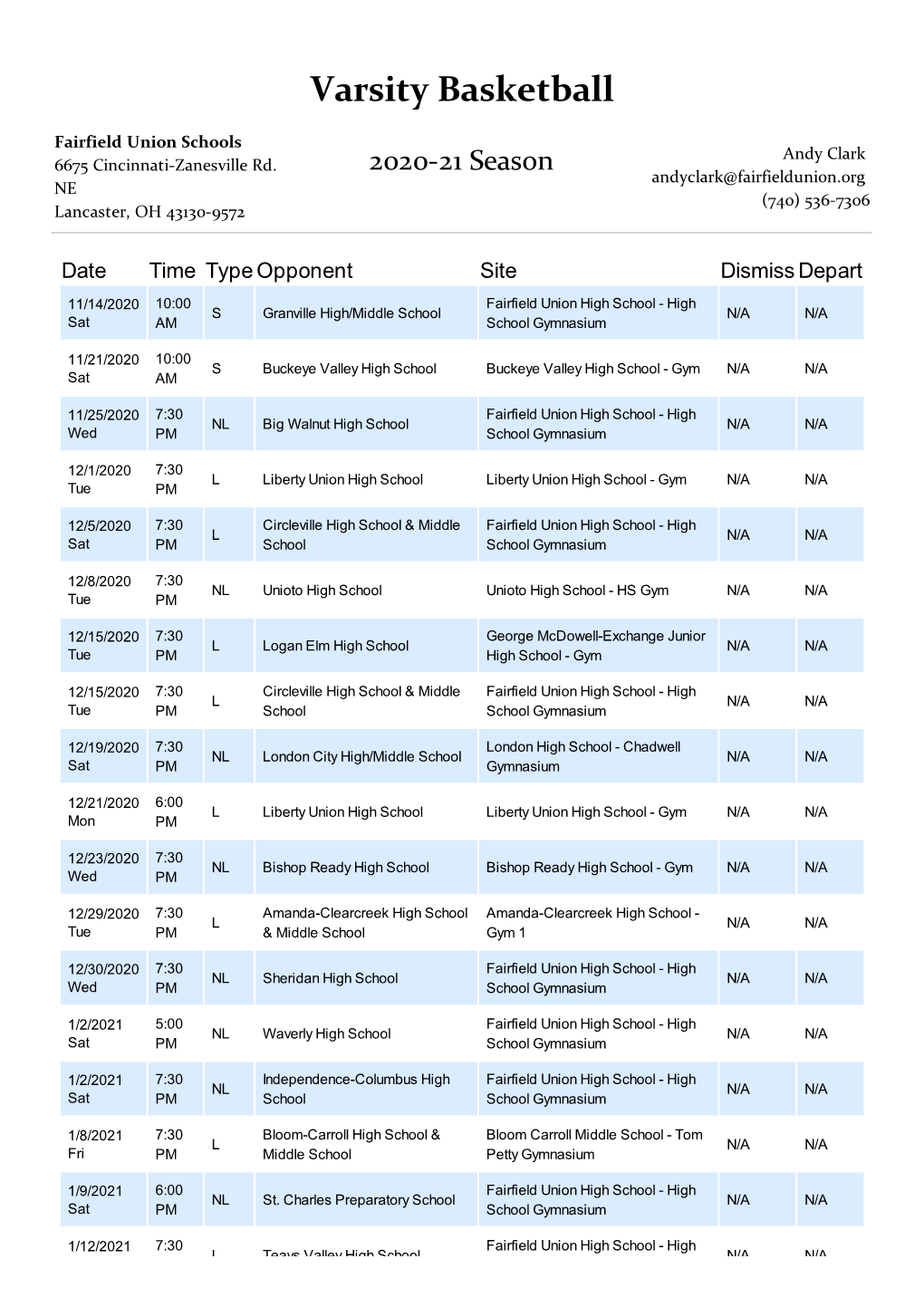 2020-2021 Varsity Boys Basketball Schedule