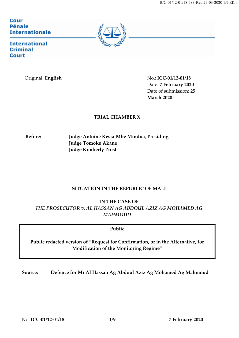 ICC-01/12-01/18 Date: 7 February 2020 Date of Submission: 25 March 2020