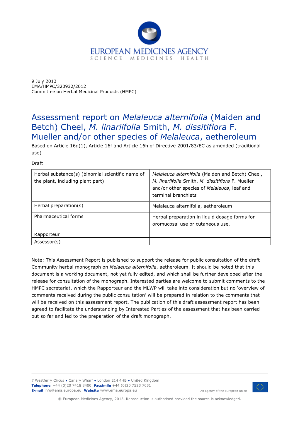 Assessment Report on Melaleuca Alternifolia (Maiden and Betch) Cheel, M