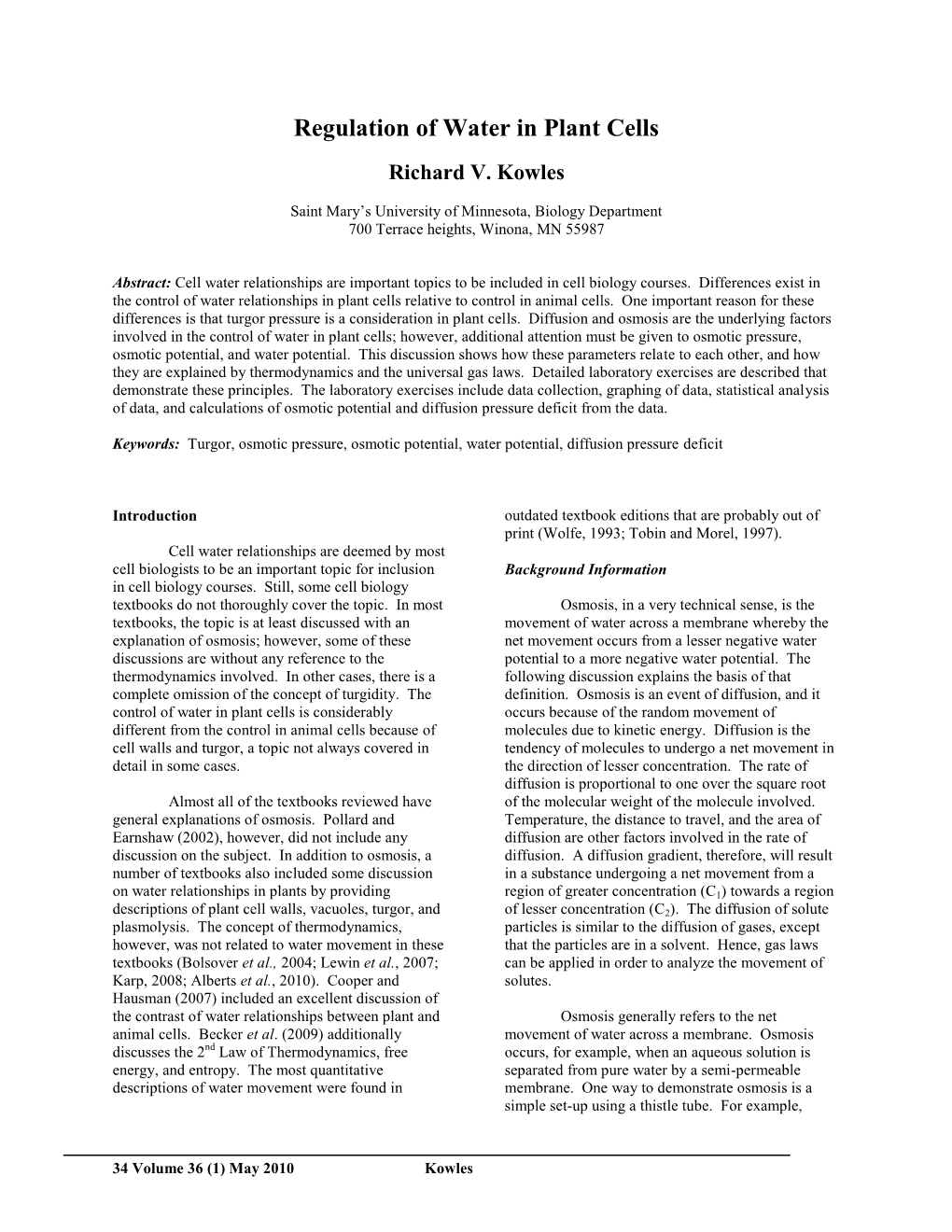 Regulation of Water in Plant Cells