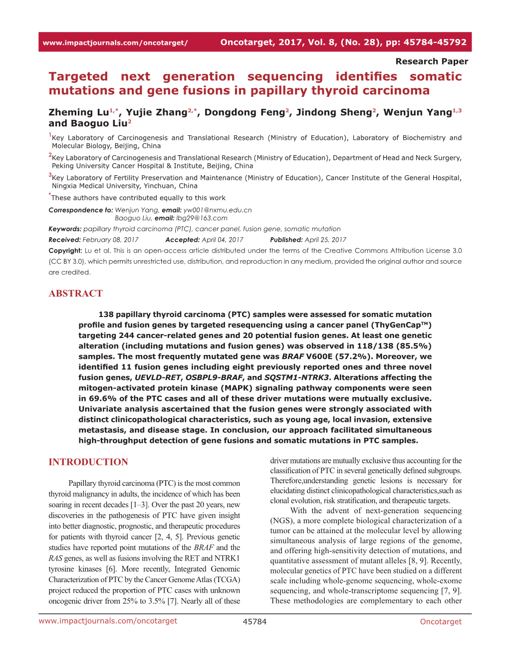 Targeted Next Generation Sequencing Identifies Somatic Mutations and Gene Fusions in Papillary Thyroid Carcinoma