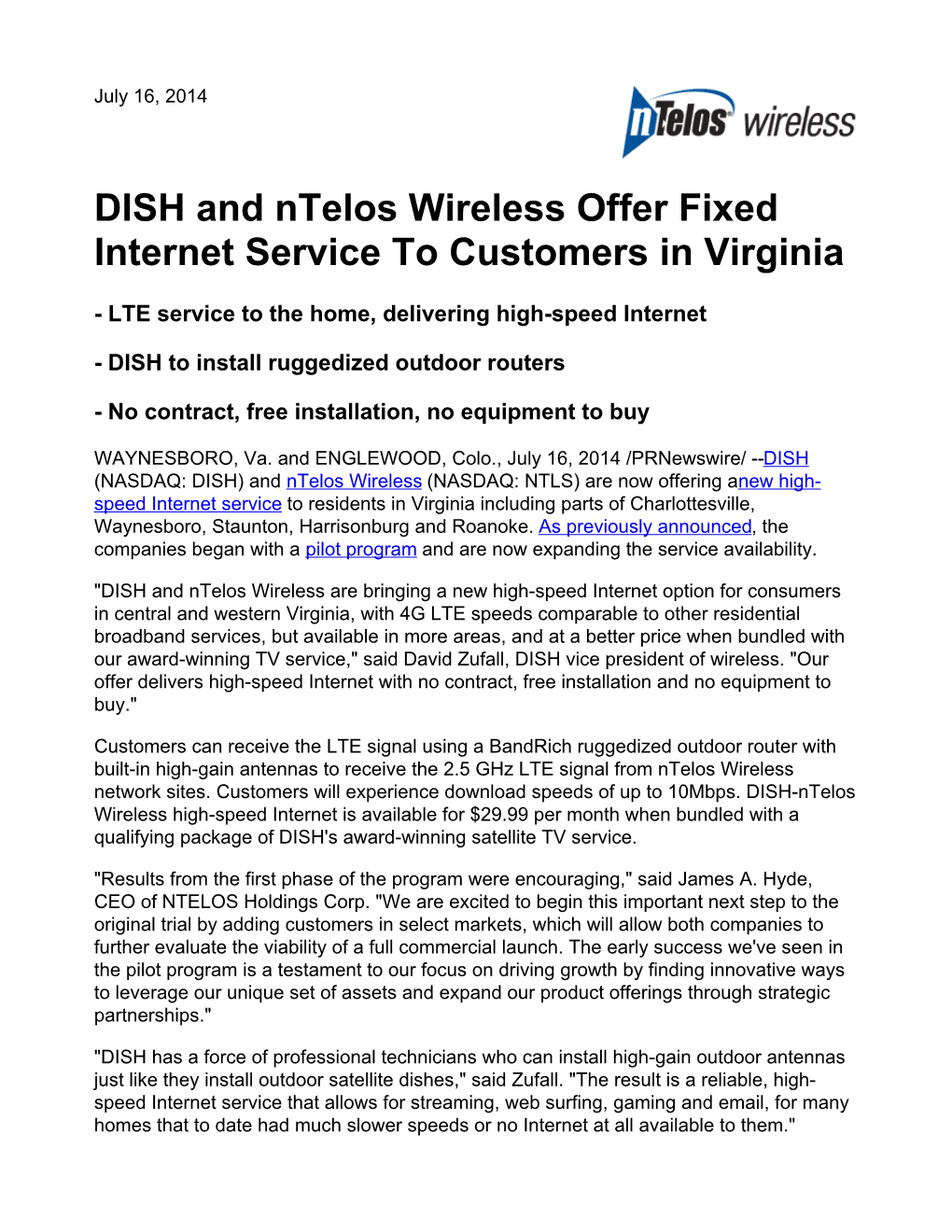 DISH and Ntelos Wireless Offer Fixed Internet Service to Customers in Virginia