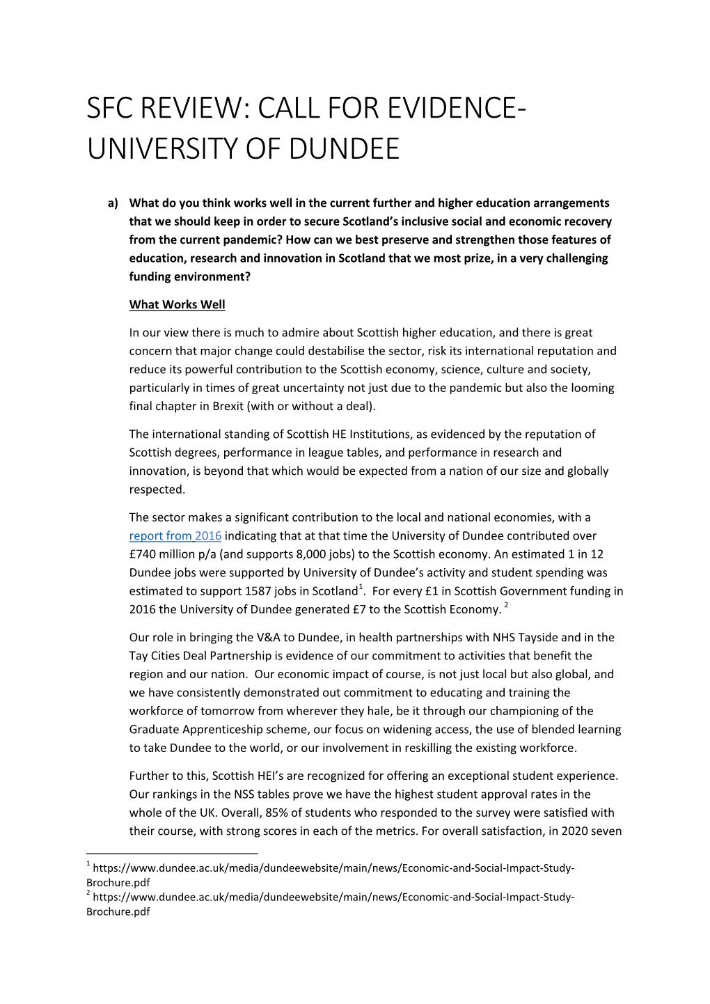 Sfc Review: Call for Evidence- University of Dundee