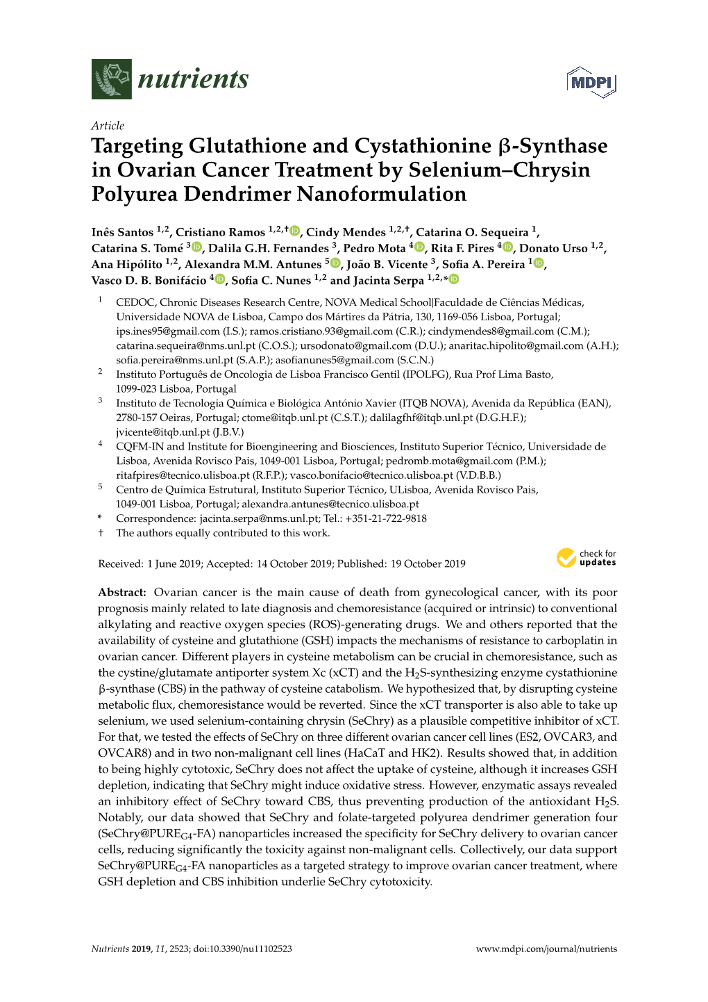 Targeting Glutathione and Cystathionine -Synthase in Ovarian