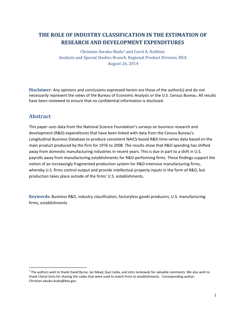 The Role of Industry Classification in the Estimation of Research and Development Expenditures