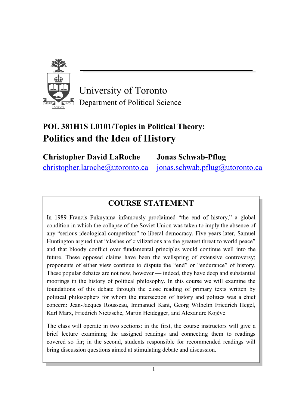 University of Toronto Politics and the Idea of History