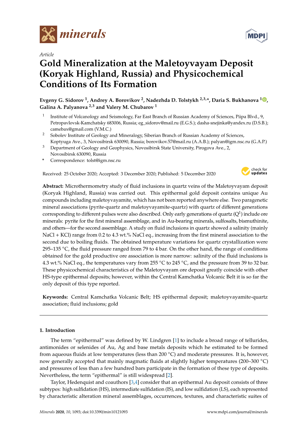 Gold Mineralization at the Maletoyvayam Deposit (Koryak Highland, Russia) and Physicochemical Conditions of Its Formation