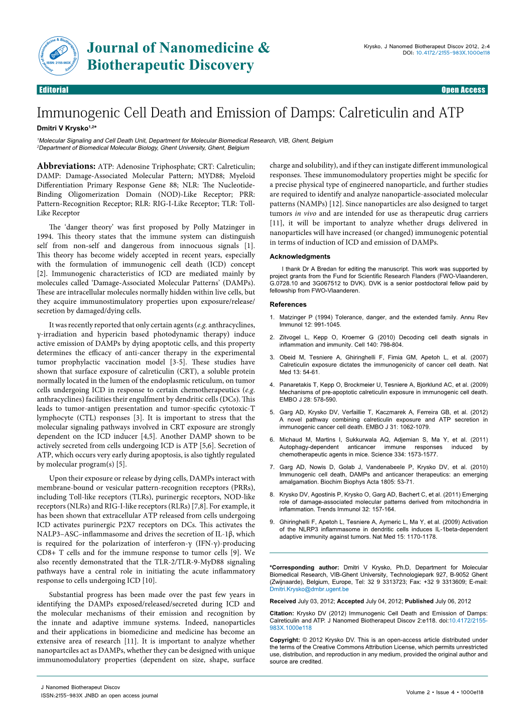 Immunogenic Cell Death and Emission of Damps: Calreticulin