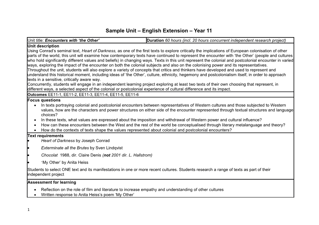 Sample Unit Year 11 English Extension Encounters with 'The Other'