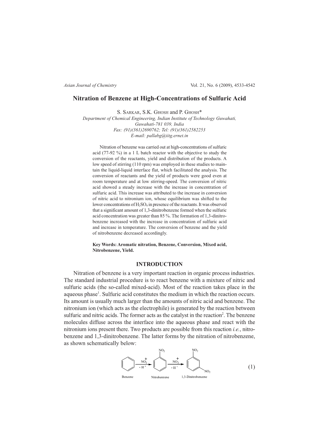 Nitration of Benzene at High-Concentrations of Sulfuric Acid