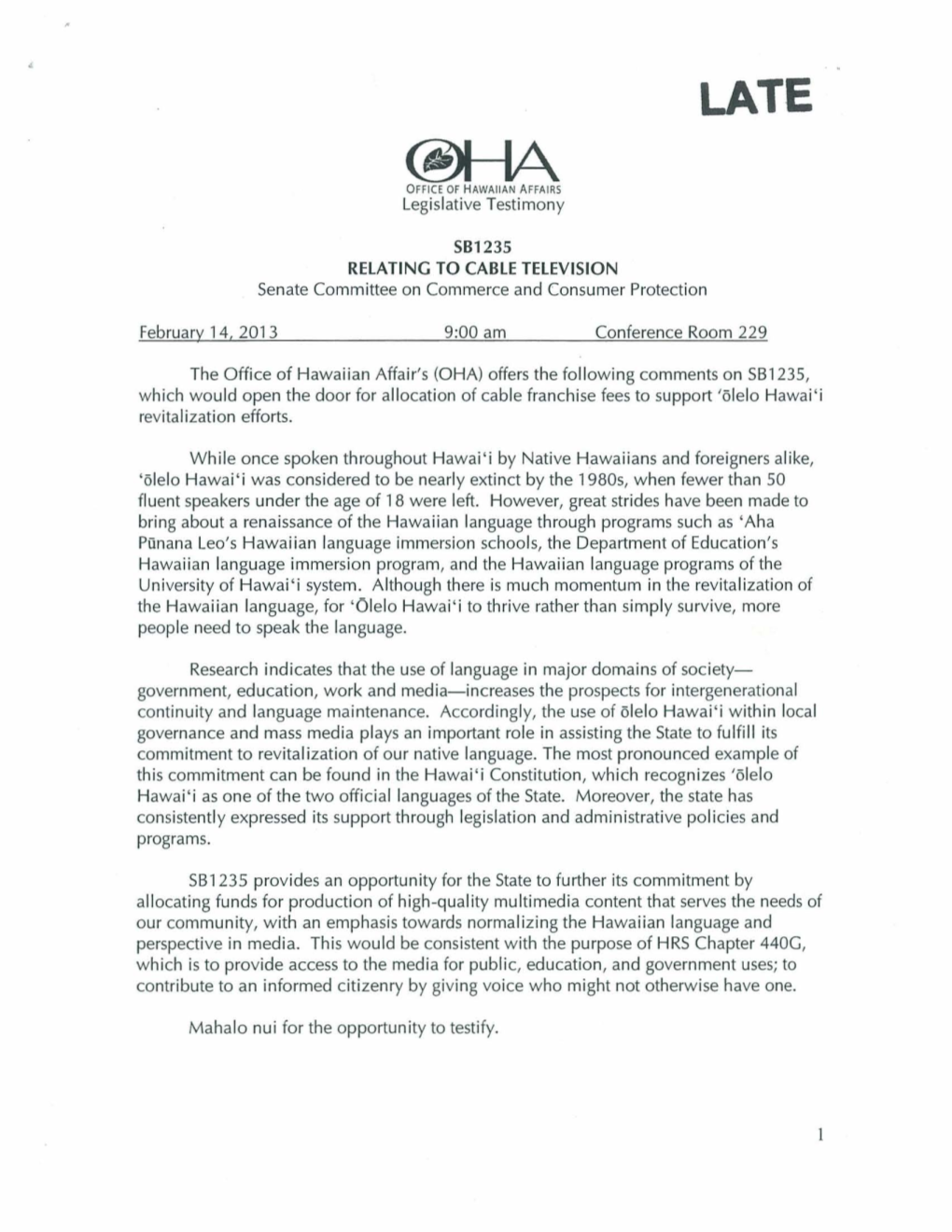 Legislative Testimony SB1235 RELATING to CABLE Television