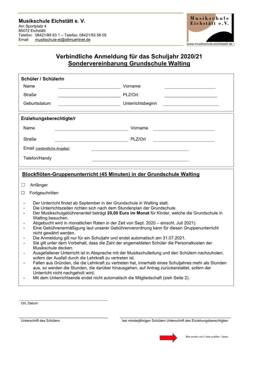 Verbindliche Anmeldung Für Das Schuljahr 2020/21 Sondervereinbarung Grundschule Walting