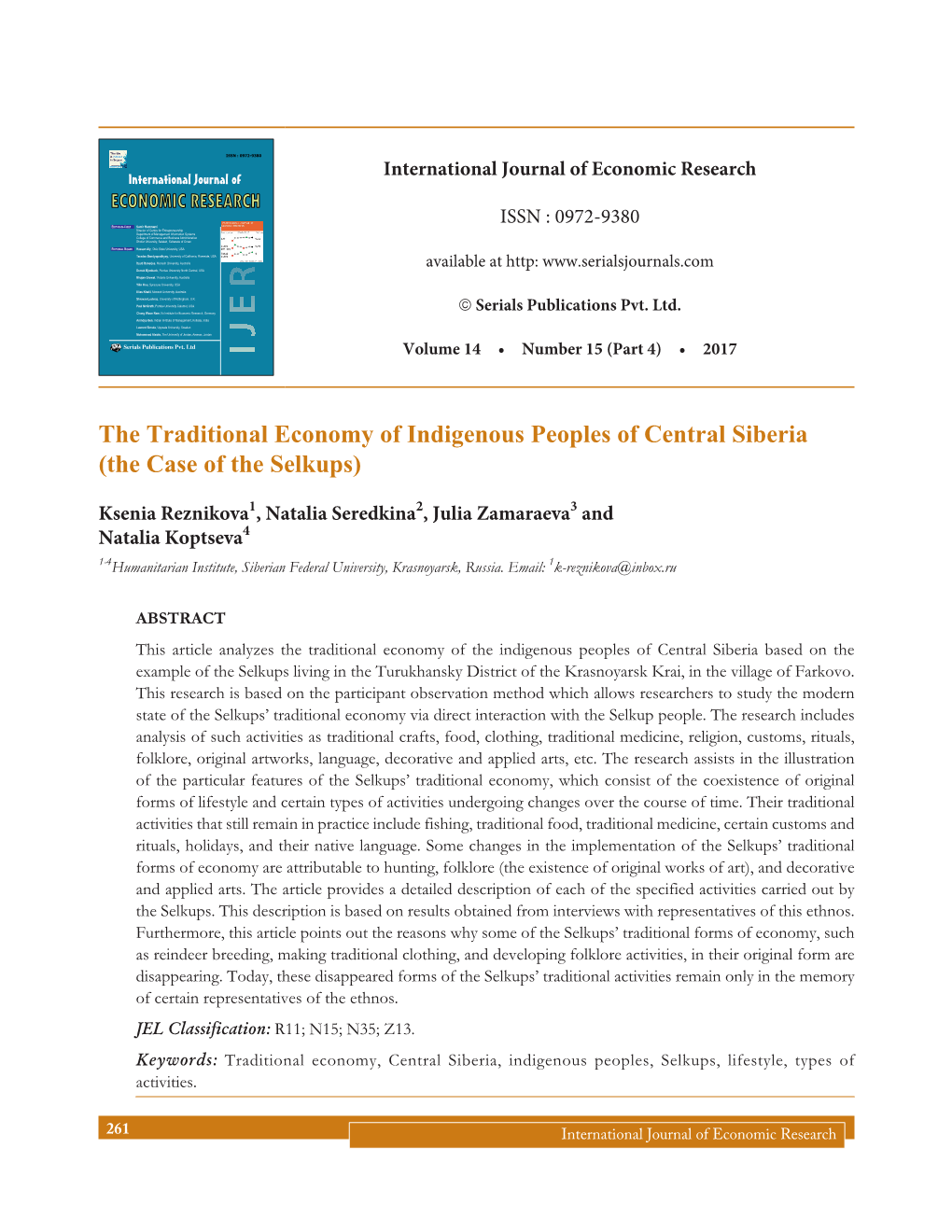 The Traditional Economy of Indigenous Peoples of Central Siberia (The Case of the Selkups)