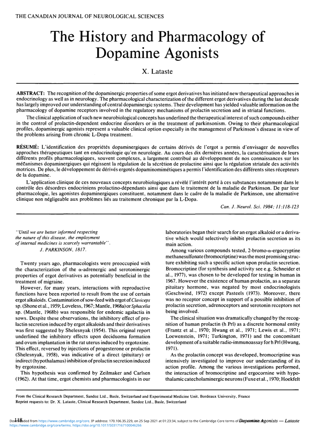 The History and Pharmacology of Dopamine Agonists X