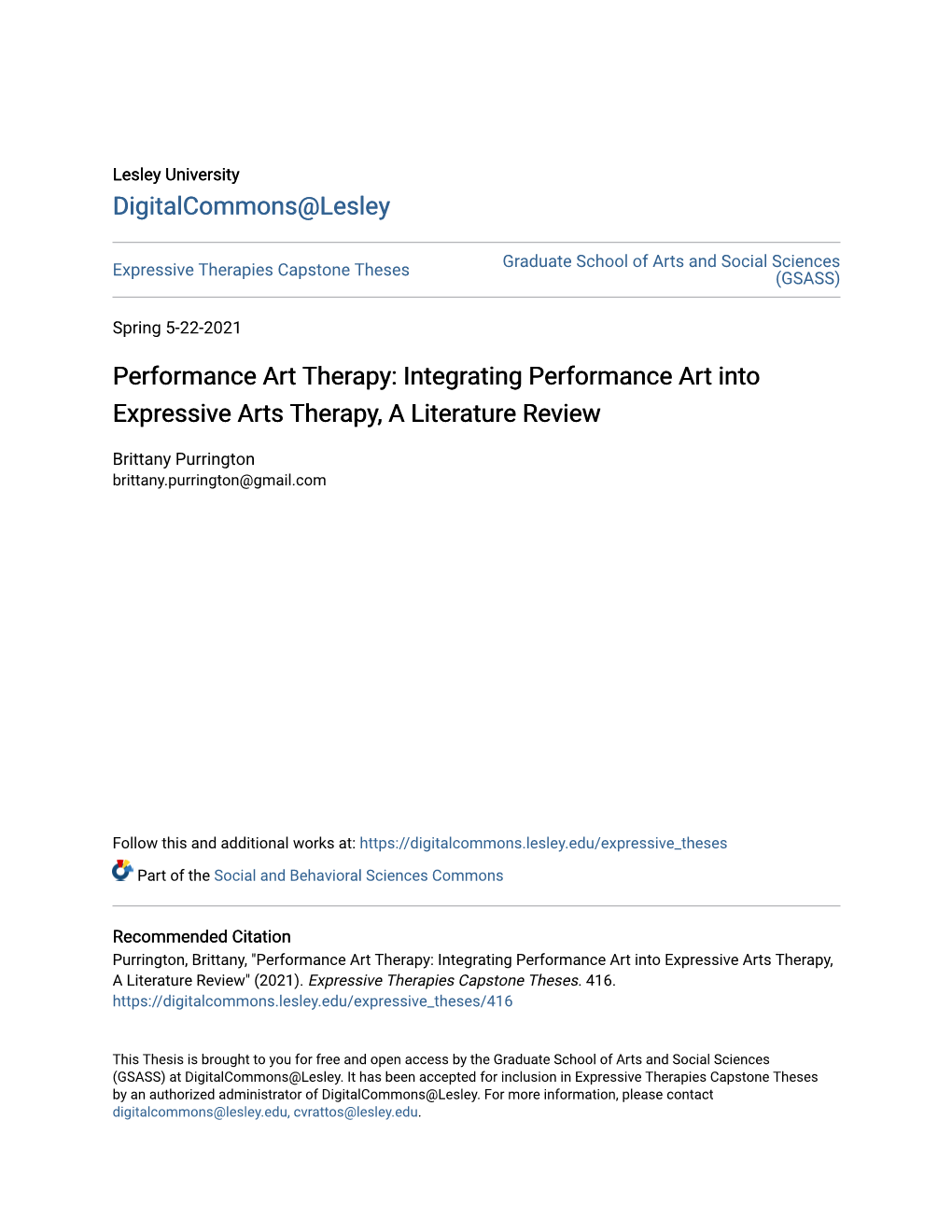 Performance Art Therapy: Integrating Performance Art Into Expressive Arts Therapy, a Literature Review