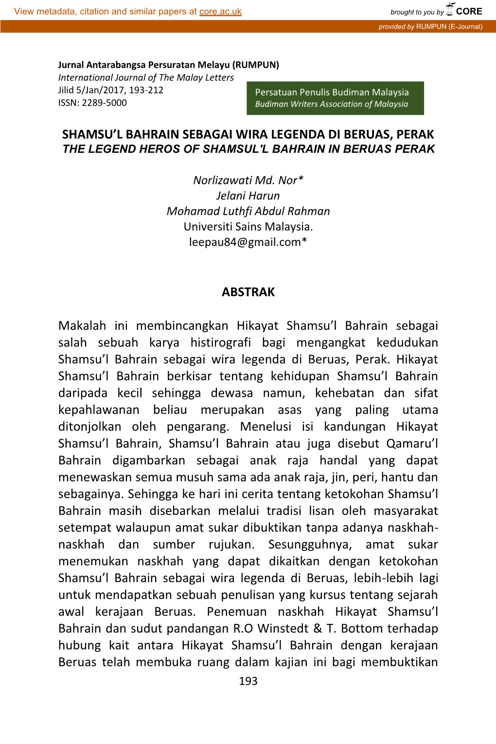 SHAMSU'l BAHRAIN SEBAGAI WIRA LEGENDA DI BERUAS, PERAK ABSTRAK Makalah Ini Membincangkan Hikayat Shamsu'l Bahrain Sebagai Sa