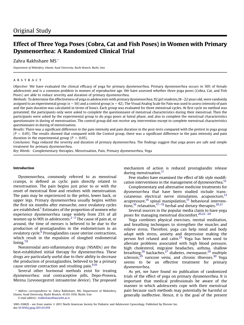 Effect of Three Yoga Poses (Cobra, Cat and Fish Poses) in Women with Primary Dysmenorrhea: a Randomized Clinical Trial