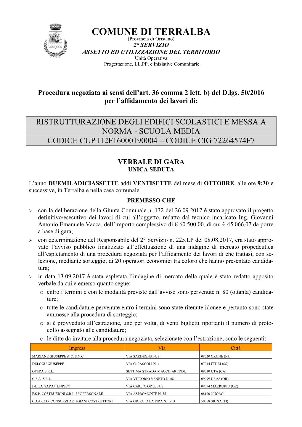 COMUNE DI TERRALBA (Provincia Di Oristano) 2° SERVIZIO ASSETTO ED UTILIZZAZIONE DEL TERRITORIO Unità Operativa Progettazione, LL.PP