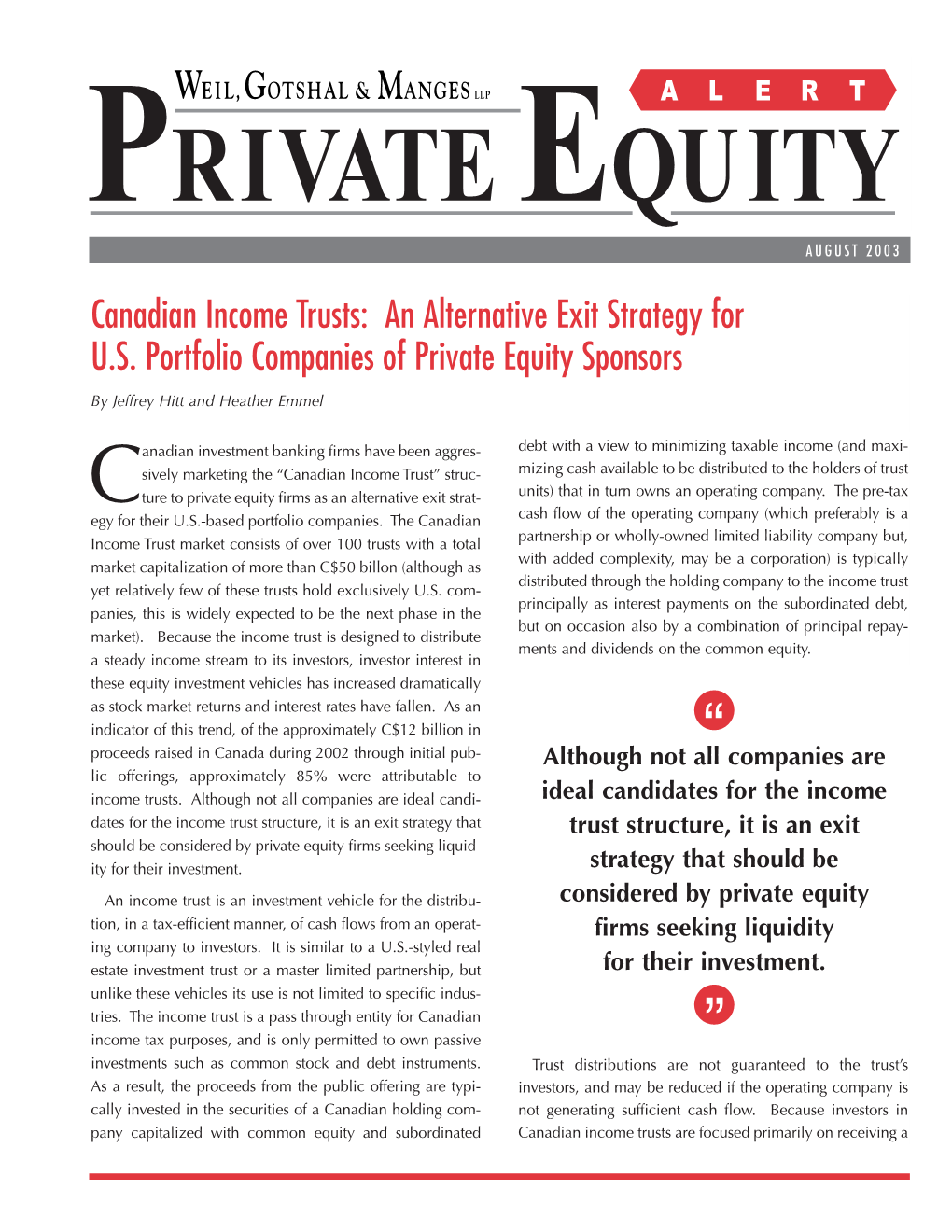 Canadian Income Trusts: an Alternative Exit Strategy for U.S. Portfolio Companies of Private Equity Sponsors