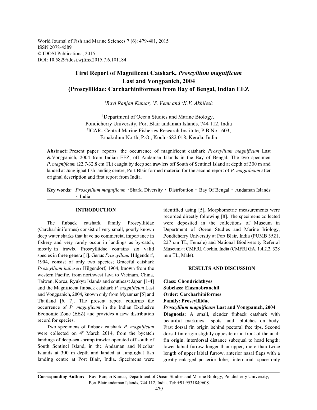 Proscylliidae: Carcharhiniformes) from Bay of Bengal, Indian EEZ