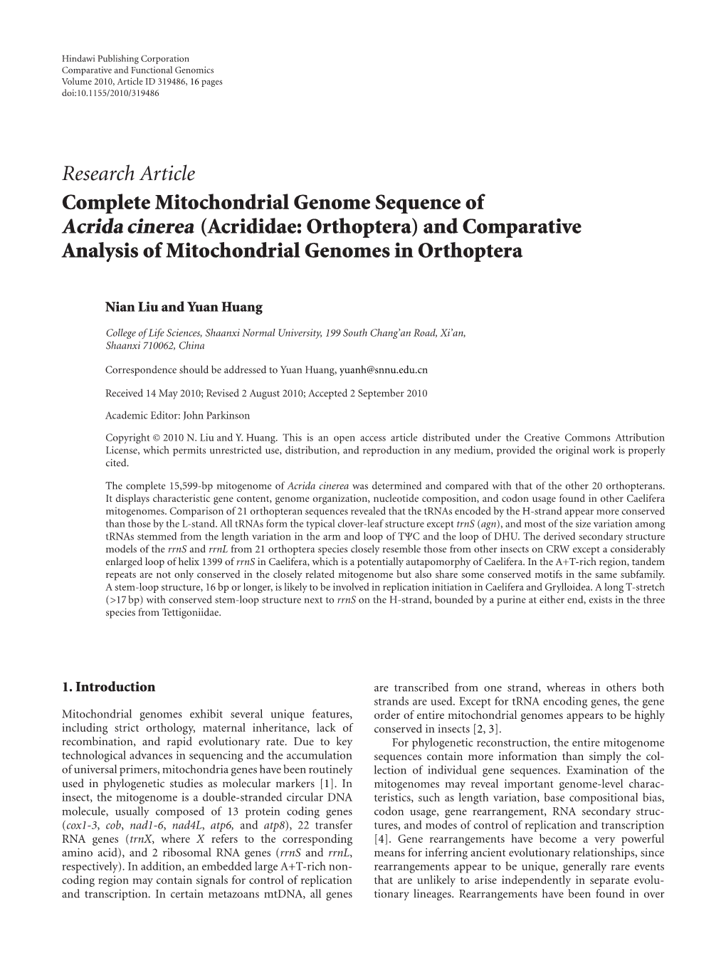 Complete Mitochondrial Genome Sequence of Acrida Cinerea (Acrididae: Orthoptera) and Comparative Analysis of Mitochondrial Genomes in Orthoptera