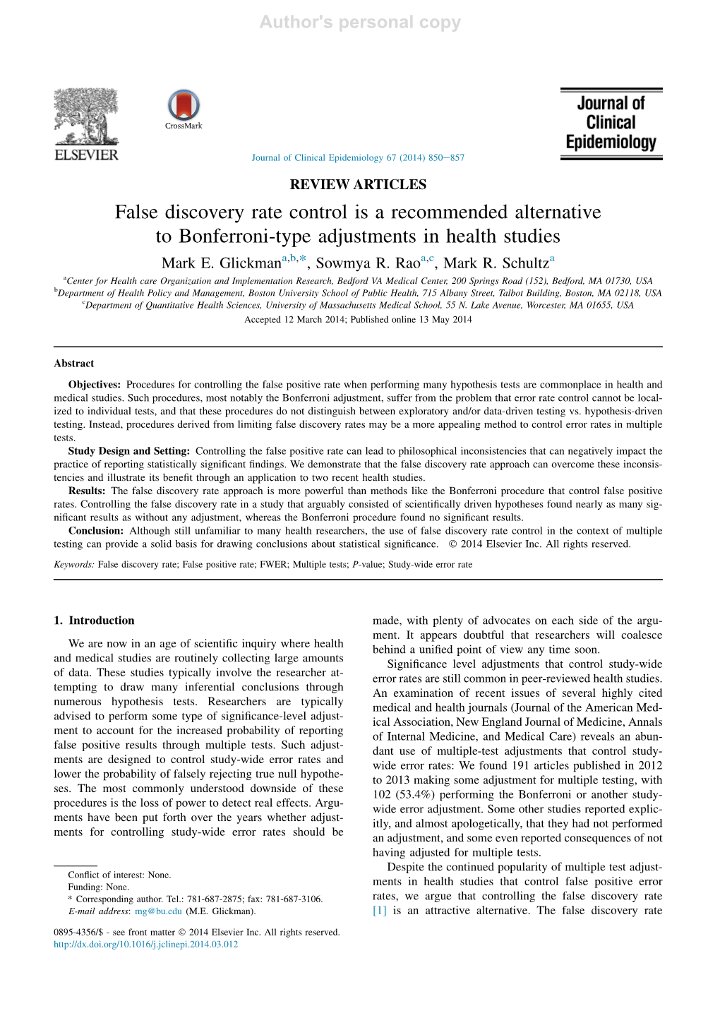 False Discovery Rate Control Is a Recommended Alternative to Bonferroni-Type Adjustments in Health Studies Mark E