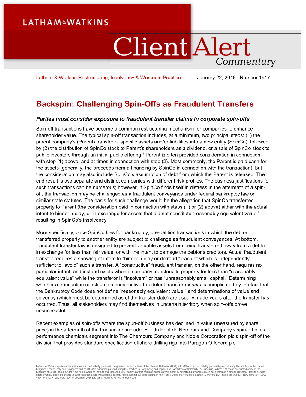 Backspin: Challenging Spin-Offs As Fraudulent Transfers