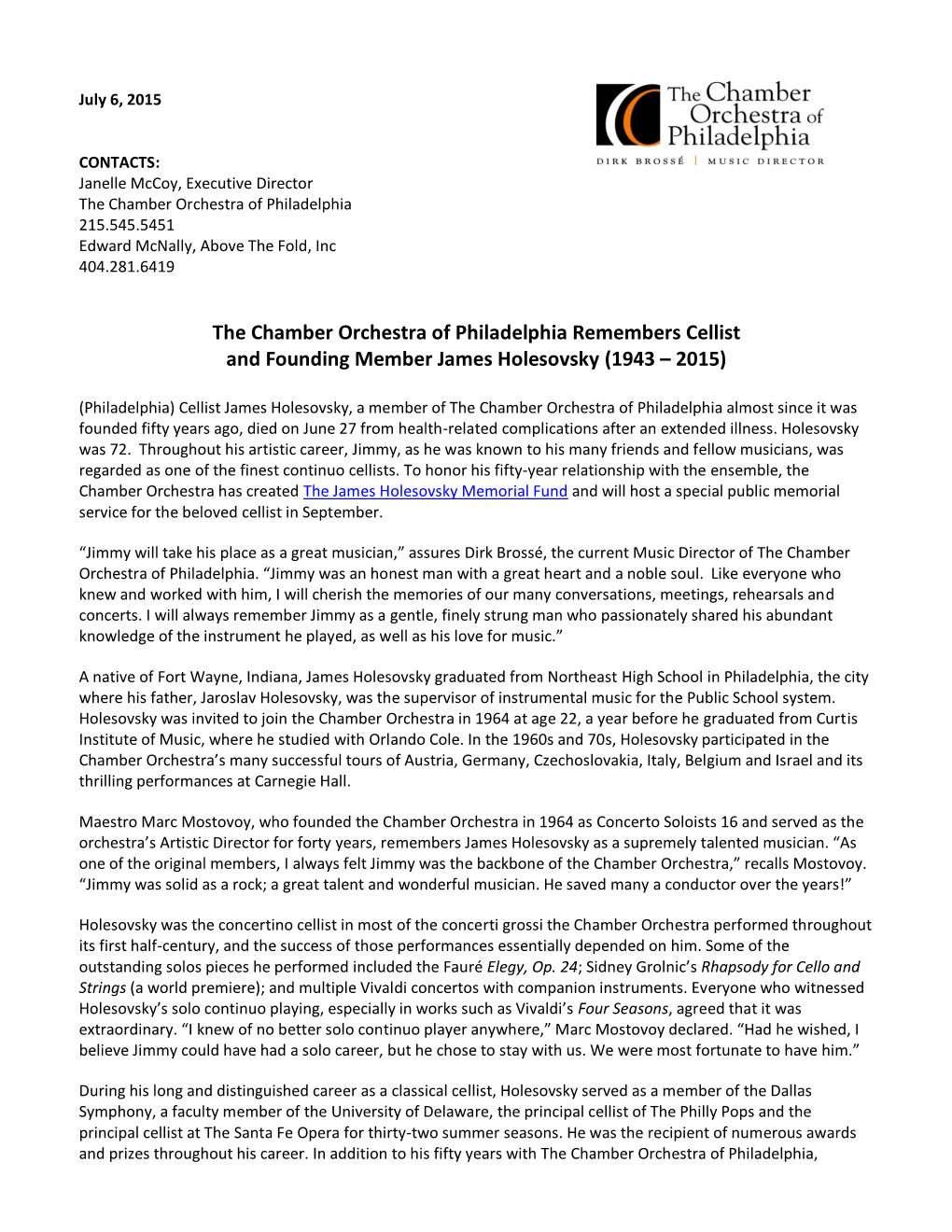 The Chamber Orchestra of Philadelphia Remembers Cellist and Founding Member James Holesovsky (1943 – 2015)