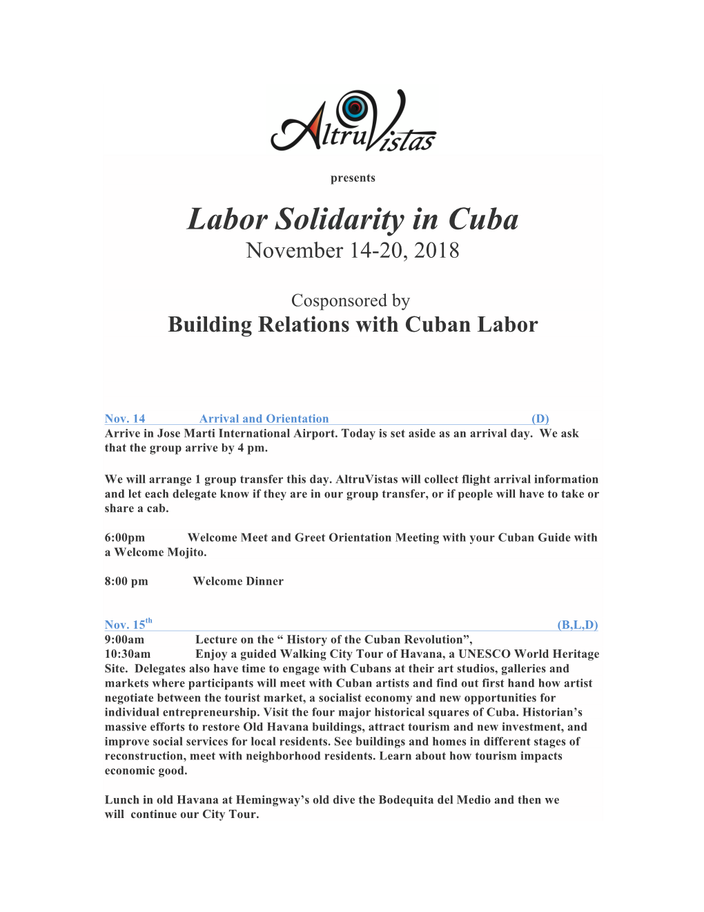 Labor Solidarity in Cuba November 14-20, 2018