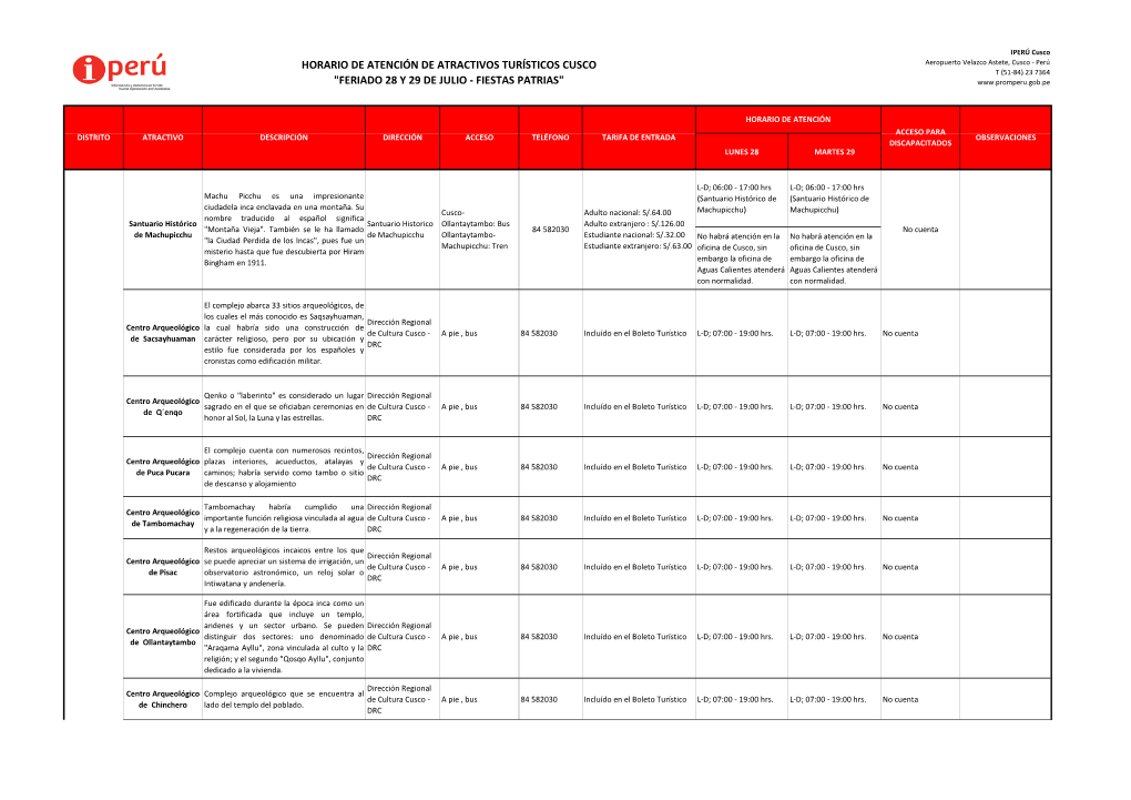 Horario De Atención De Atractivos Turísticos Cusco "Feriado 28 Y 29 De