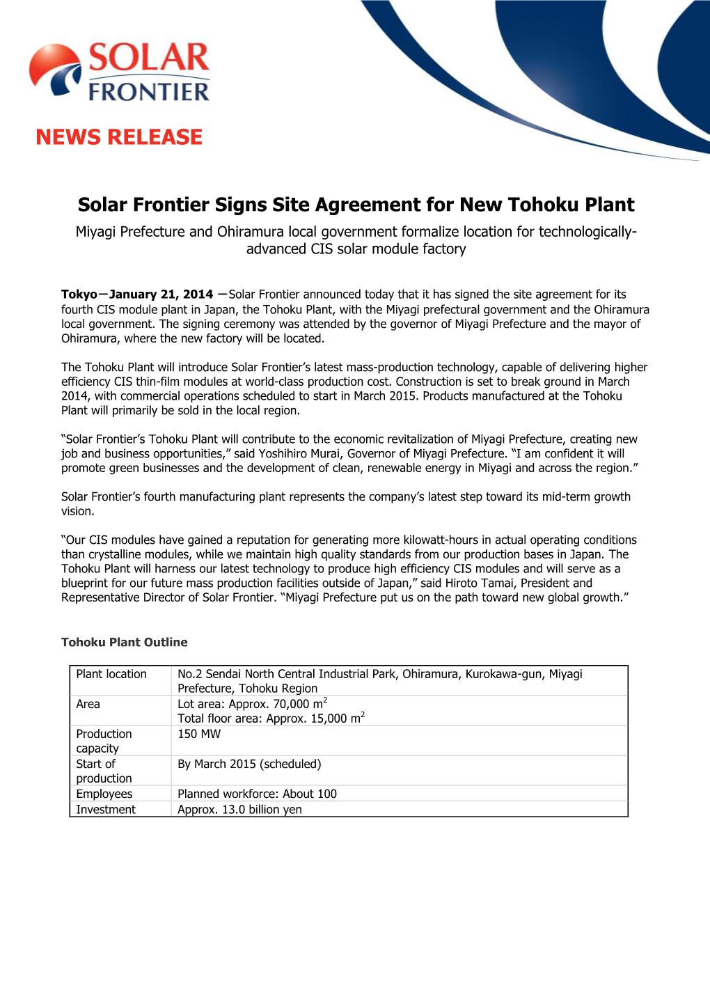Solar Frontier Signs Site Agreement for New Tohoku Plant